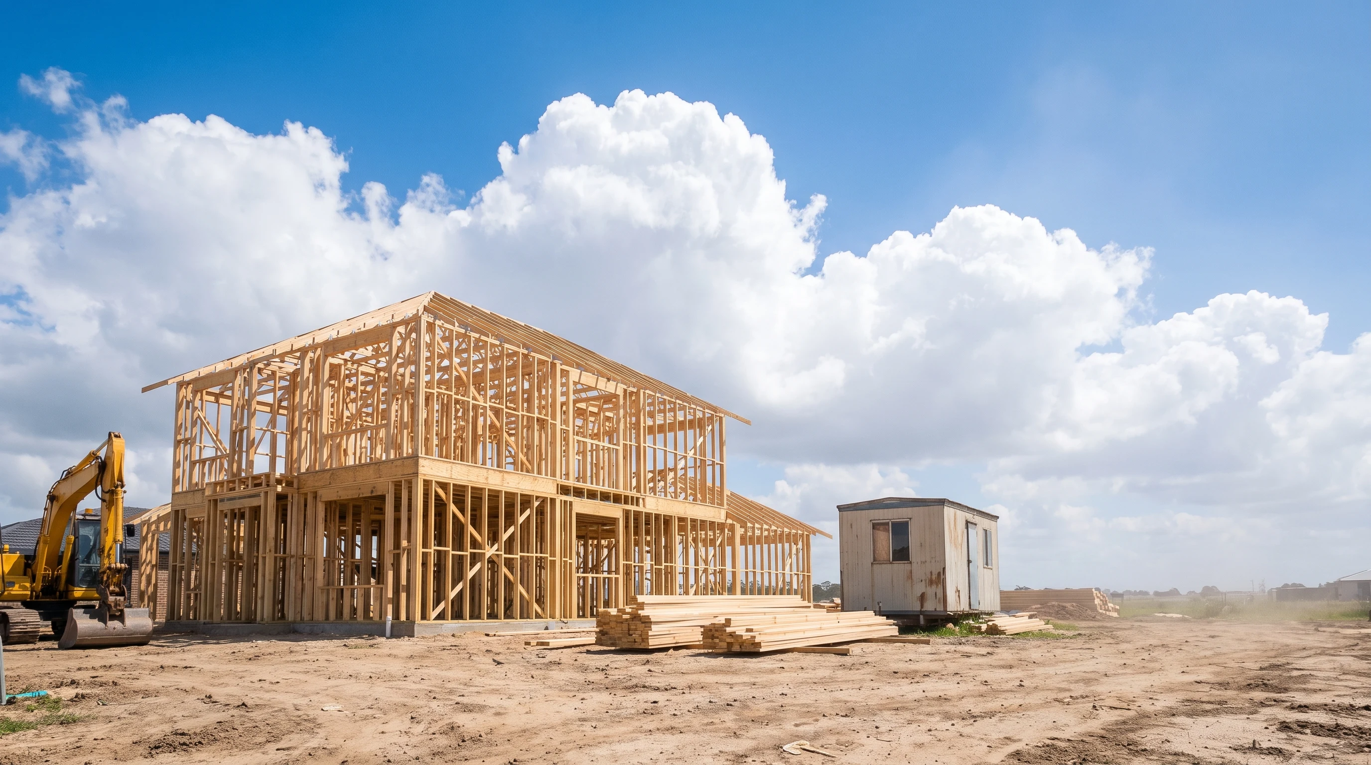 Timber stud framing and roof trusses of a house under construction on a bare dirt site, a yellow excavator parked at the left.