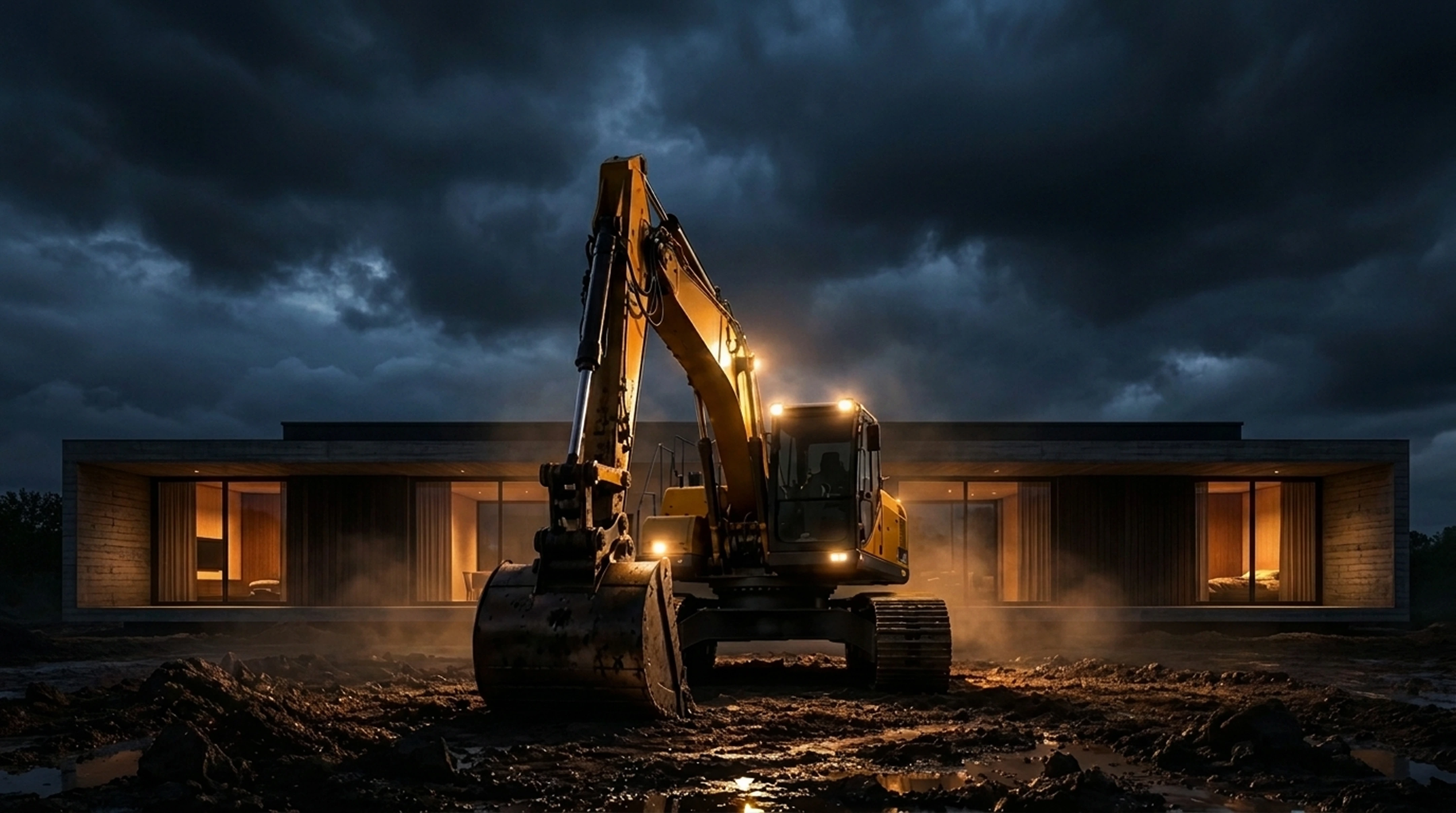 A yellow excavator at work at dusk in front of a long, low luxury house with lit windows, under a heavy cloudy sky.