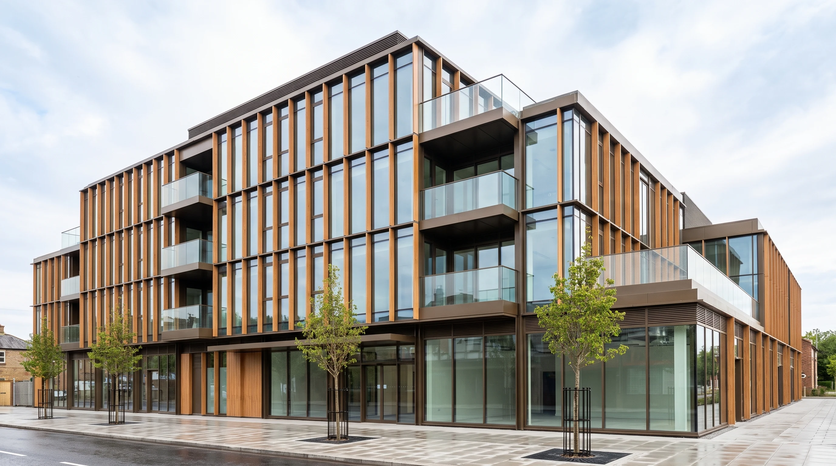 Abbots Lane — a four-storey mixed-use building with a glass curtain wall, warm timber fins and projecting balconies, seen from street level.