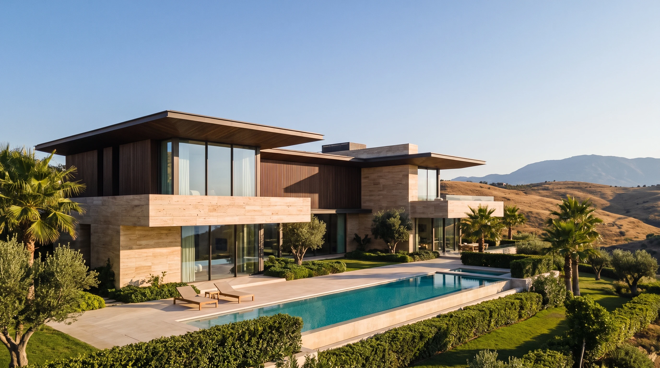 Casablanca House — a modern luxury villa with flat roofs, travertine and dark wood cladding, seen across a long swimming pool with palms and hills behind.